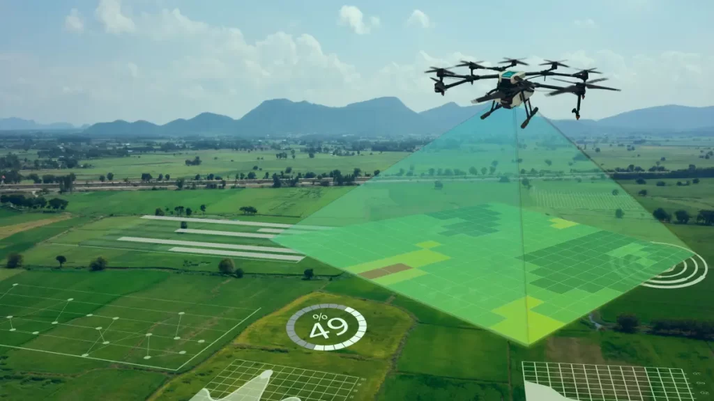 quadcopter drone sedang scanning agricultur