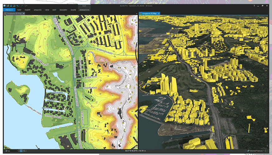 Perbandingan antara peta dua dimensi (2D) dan model tiga dimensi (3D) dari area yang sama, menunjukkan perbedaan dalam kedalaman dan detail
